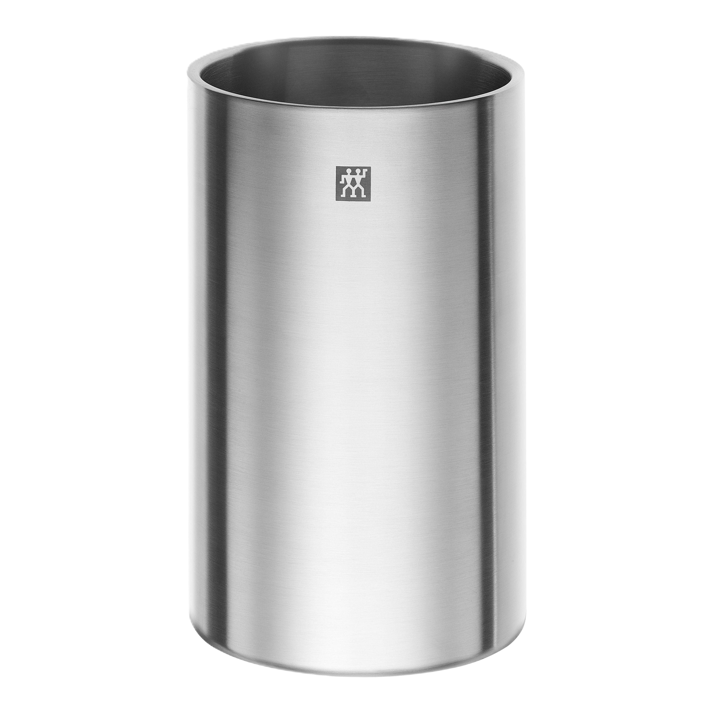 Stainless steel canister with a brand logo on a white background