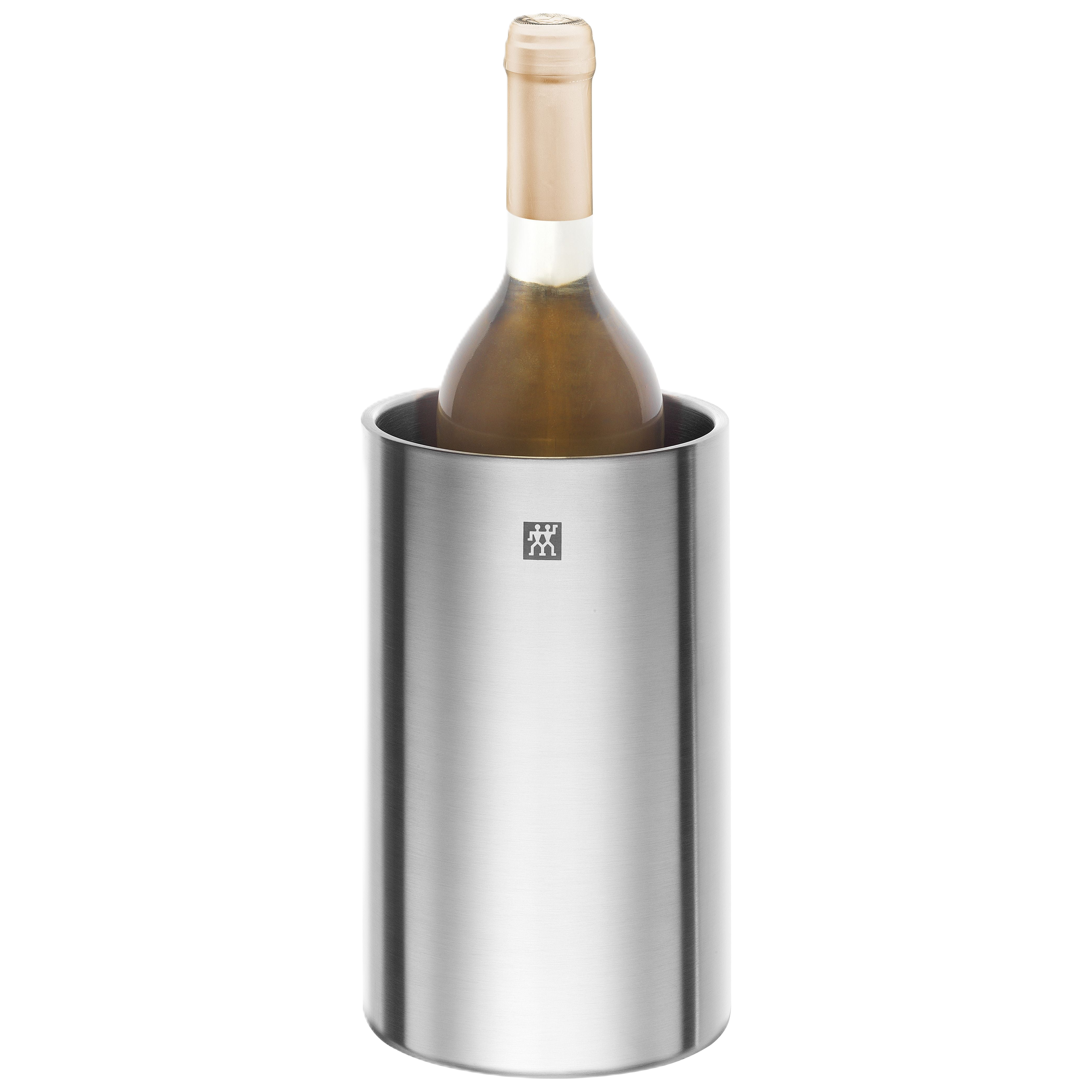 Stainless steel wine cooler with a bottle of white wine inside on a white background