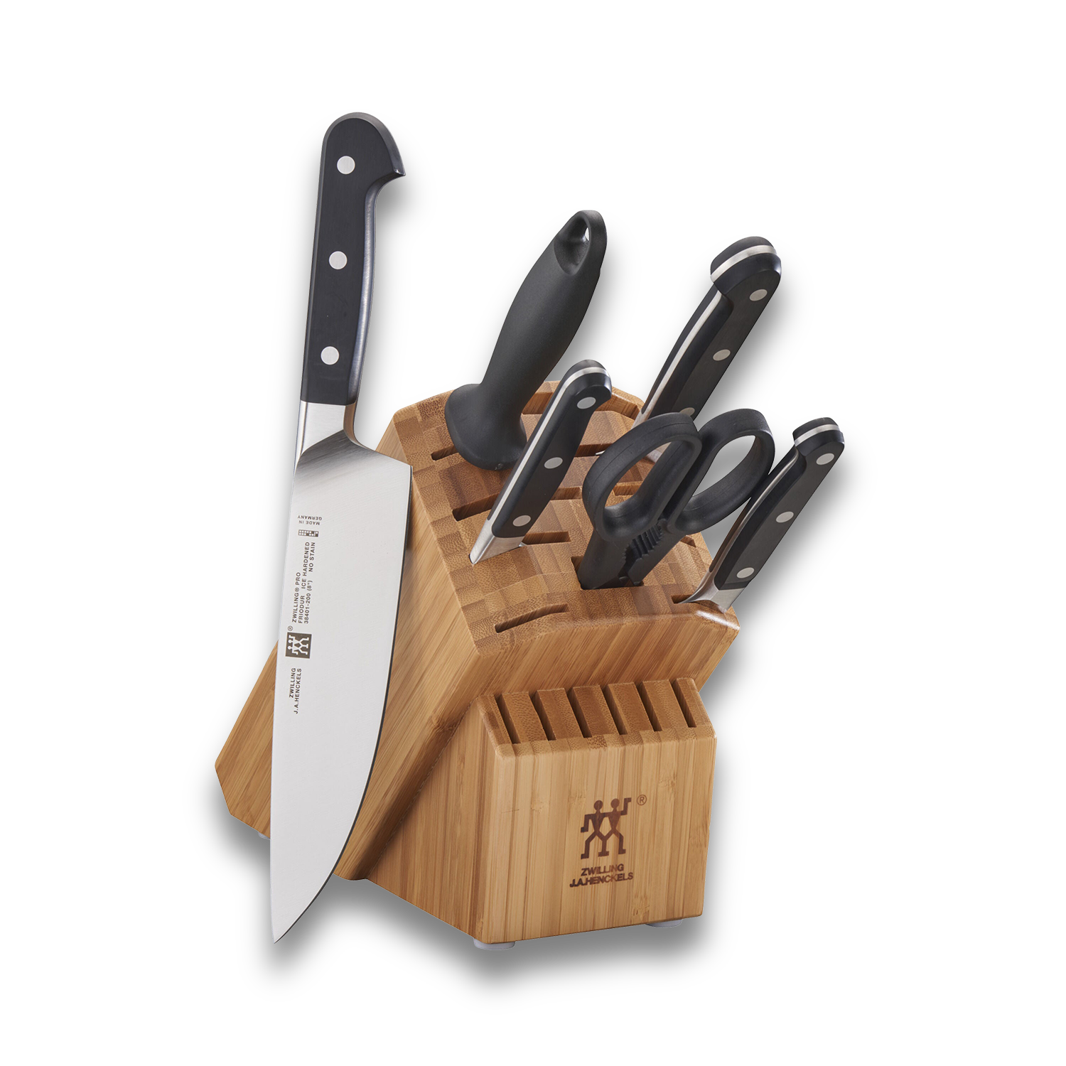 ZWILLING Pro 7 Piece, Knife Block Set, Bamboo with ergonomic knives and a bamboo block for safe cutting.