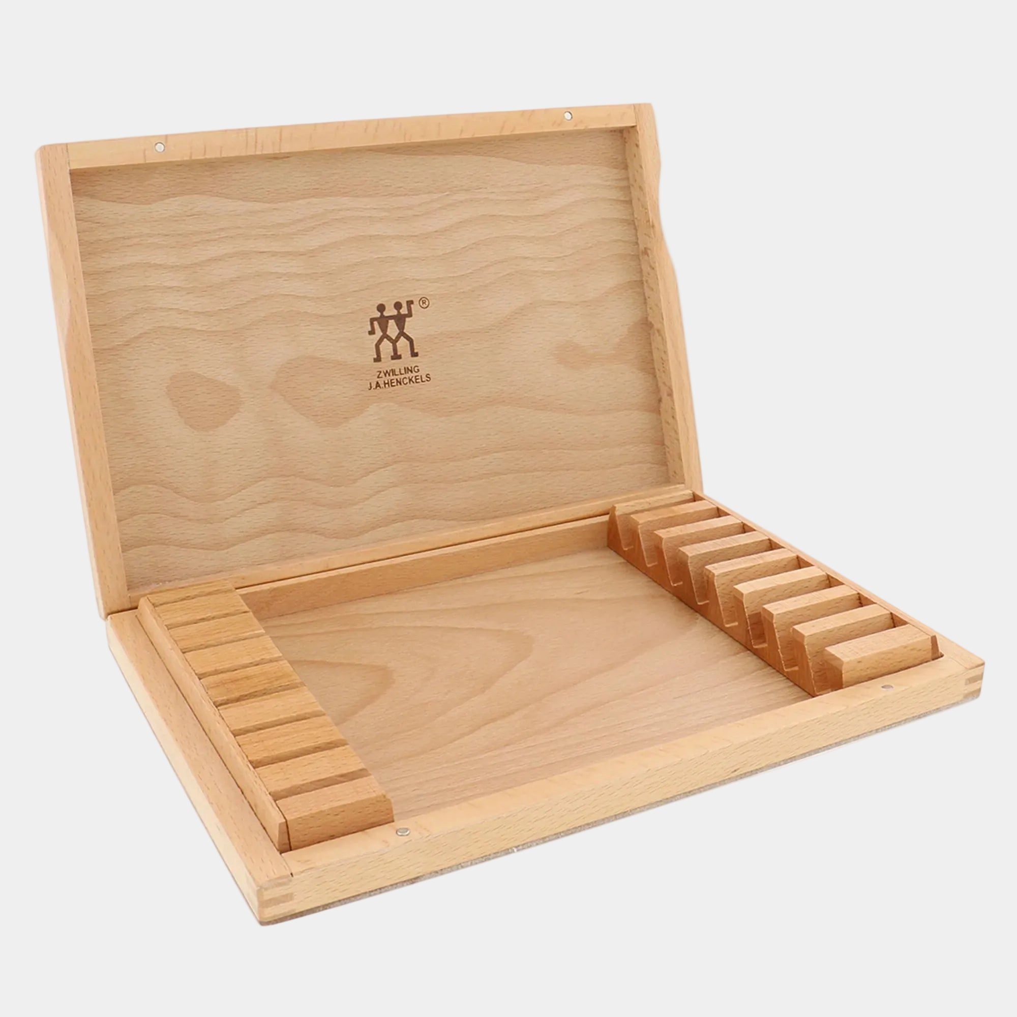 ZWILLING Contemporary Steak Knifes Set empty wooden case for storing 8 piece stainless steak knives, displayed open.