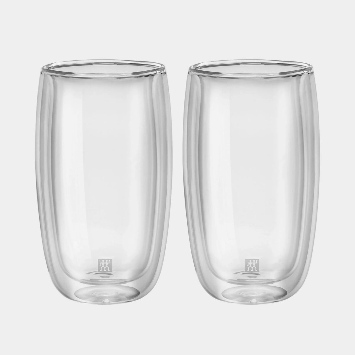 Two clear glass tumblers with a brand logo on a white background