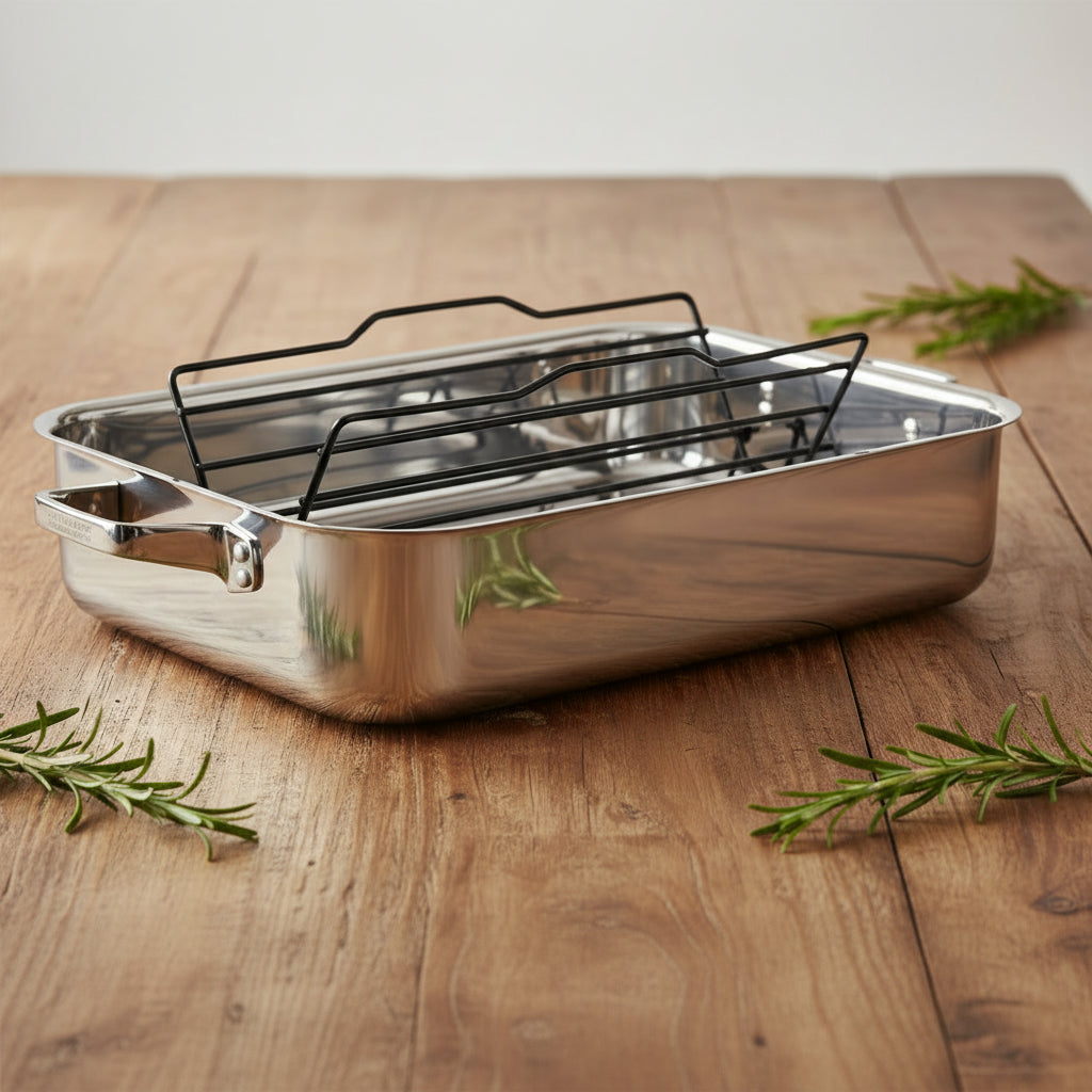 ZWILLING TruClad stainless steel oven dish 9.75L with rack on wooden table, ideal for induction cooking and even heat distribution.