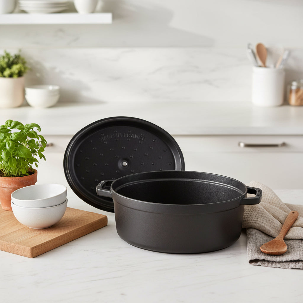 Black cast iron pot with lid on a kichen counter top