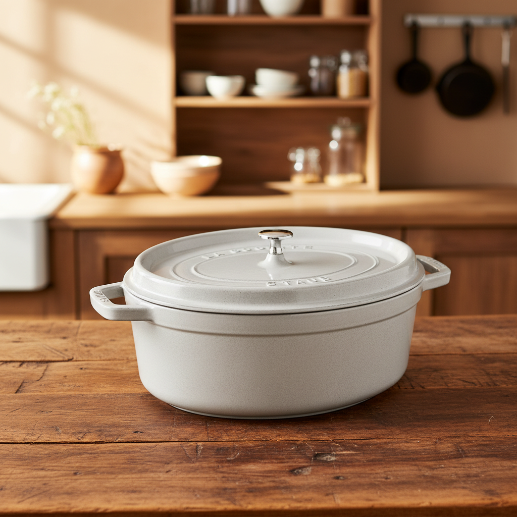 White cast iron pot with lid on a wooden kitchen counter
