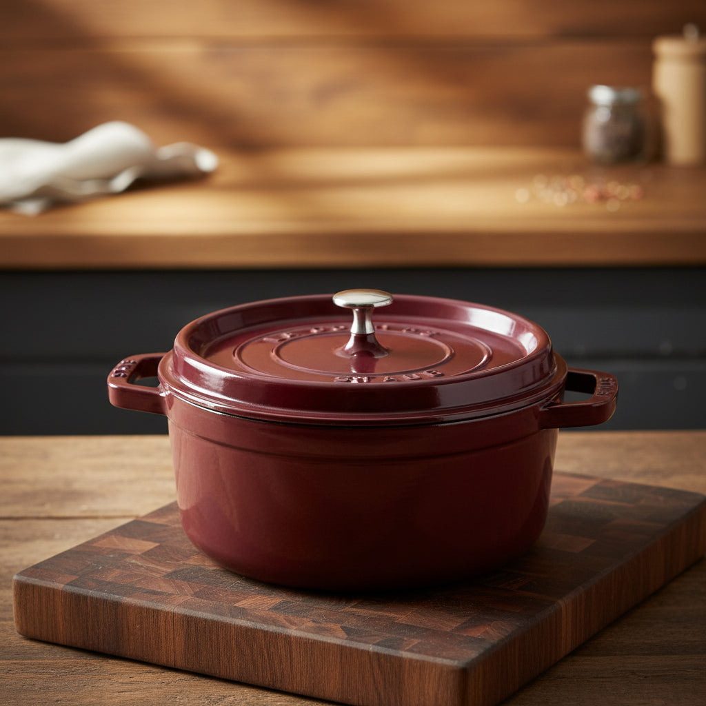 Red enameled cast iron cocotte on a wooden cutting board with a blurred kitchen background