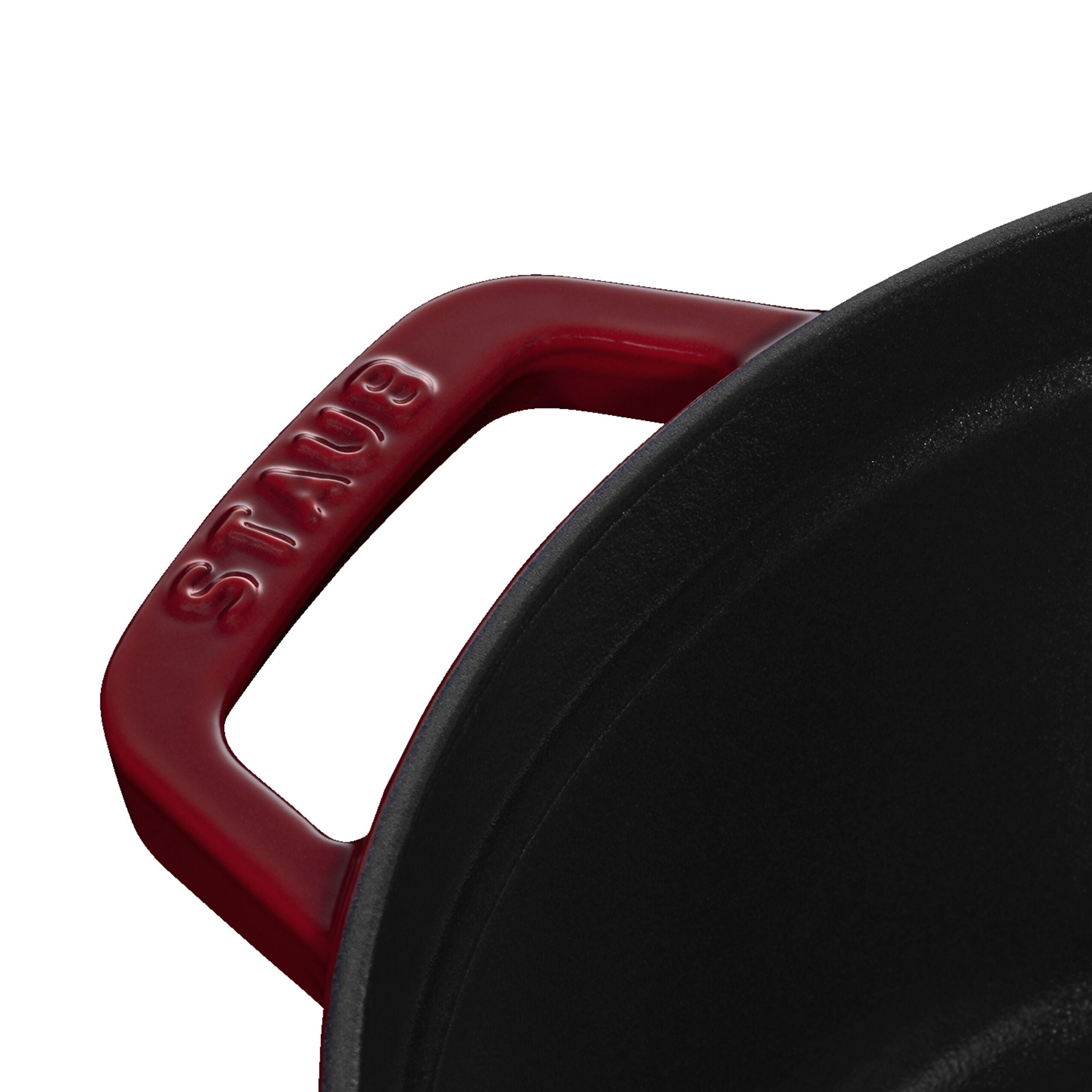 Close-up of a red-handled cast iron skillet on a white background