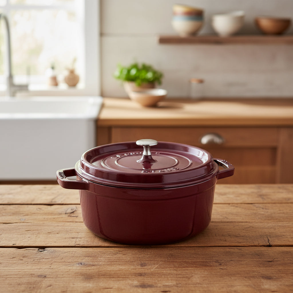Red cast iron cookware on a wooden surface with a kitchen background