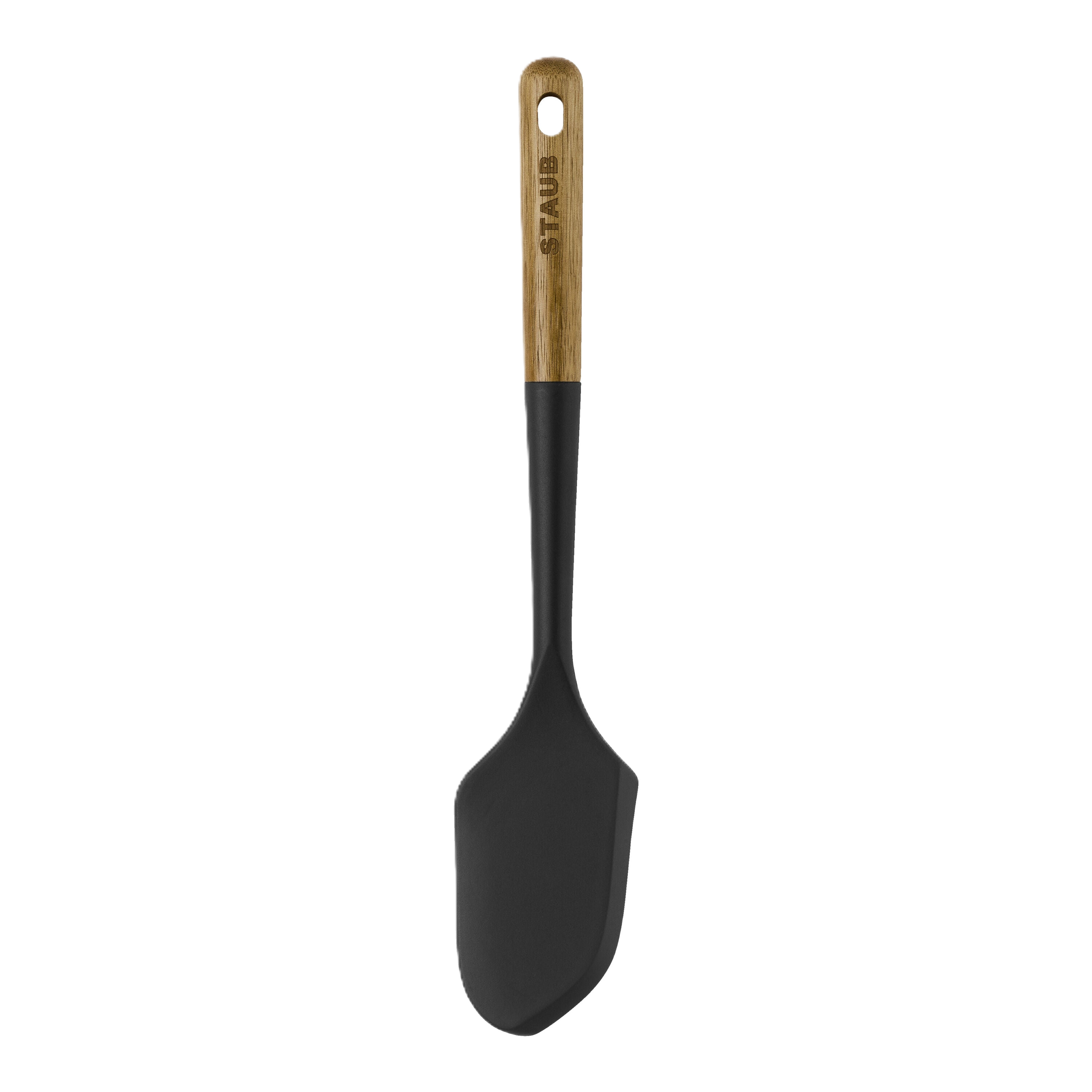 Black spatula with wooden handle on a white background