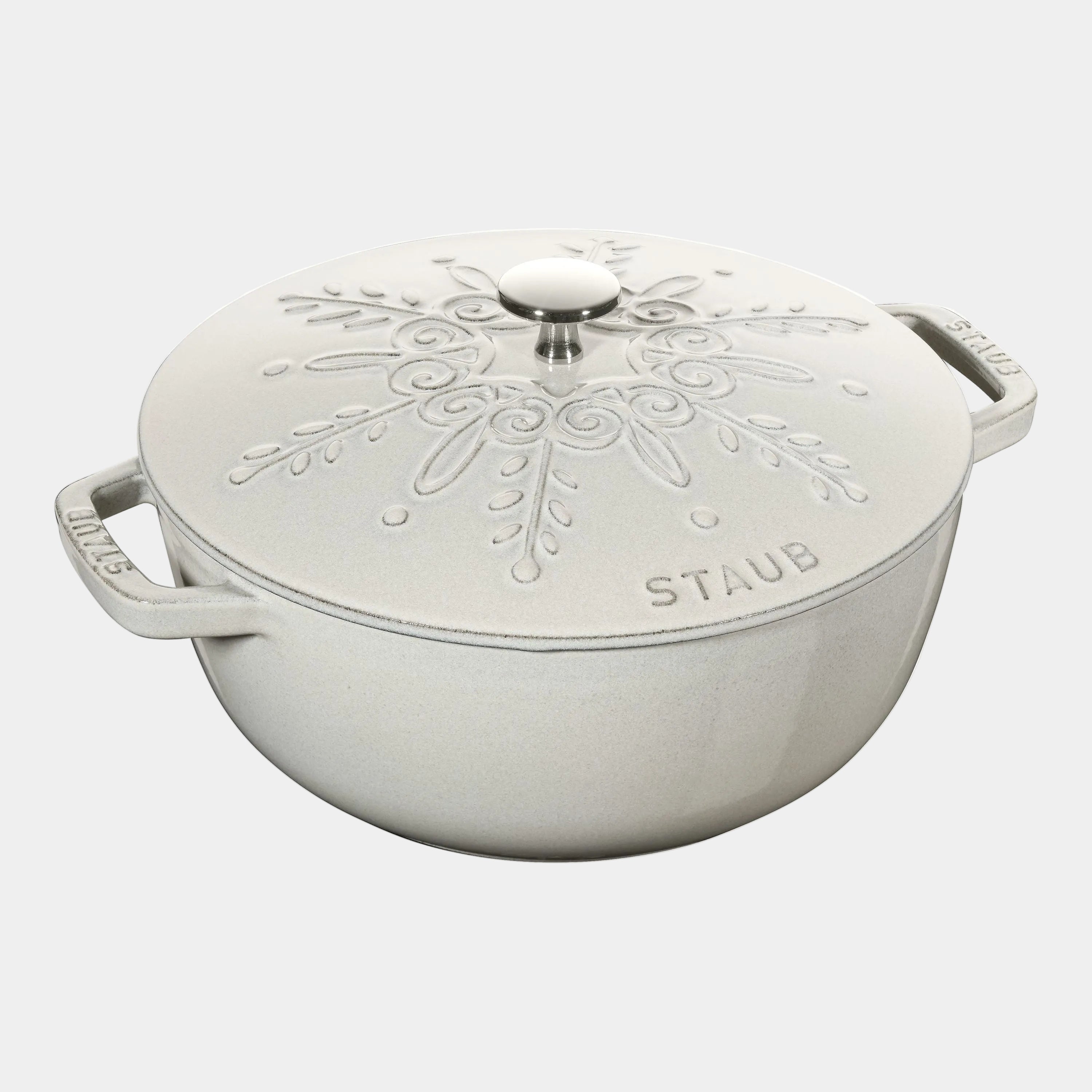 STAUB La Cocotte 3.6L Round French Oven in Snowflake White Truffle with Chistera lid for even heat distribution and enhanced flavors.
