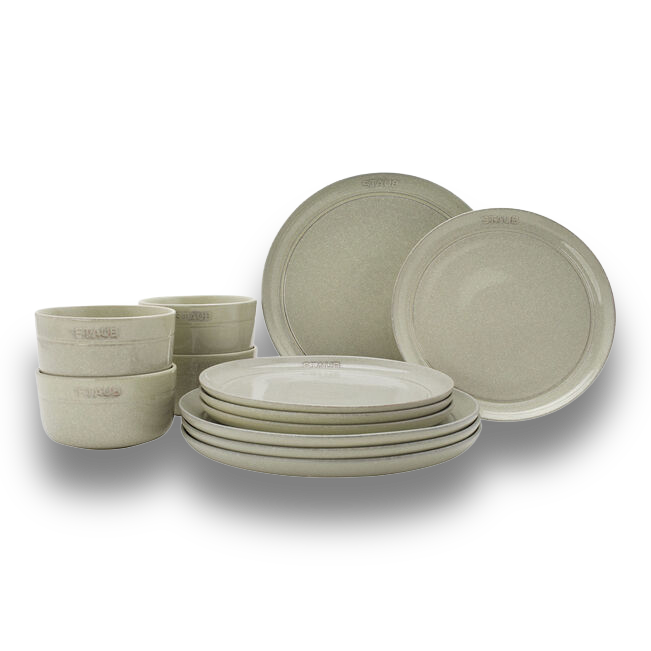 STAUB 12-Piece Stoneware Dinnerware Set – Scratch-Resistant Plates and Bowls - White tuffle