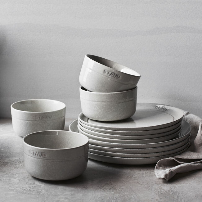 STAUB 12-Piece Stoneware Dinnerware Set – Scratch-Resistant Plates and Bowls - White tuffle