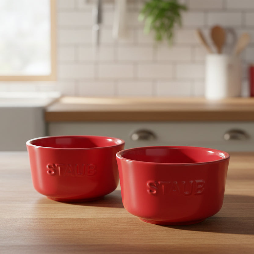 STAUB Ceramique Ceramic Ramekin Set of 2 on a wooden surface with a kitchen background.