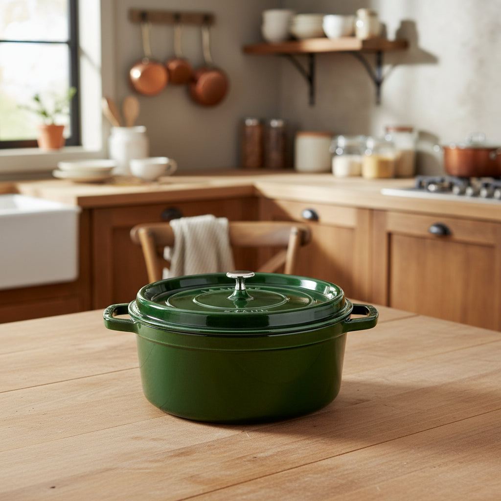Green cast iron cookware on a wooden kitchen counter with a blurred background