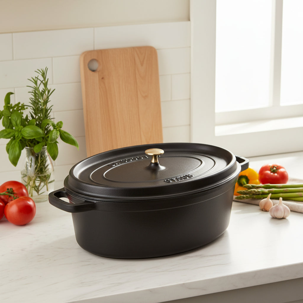 Black cast iron oval cookware with lid on a kitchen counter top
