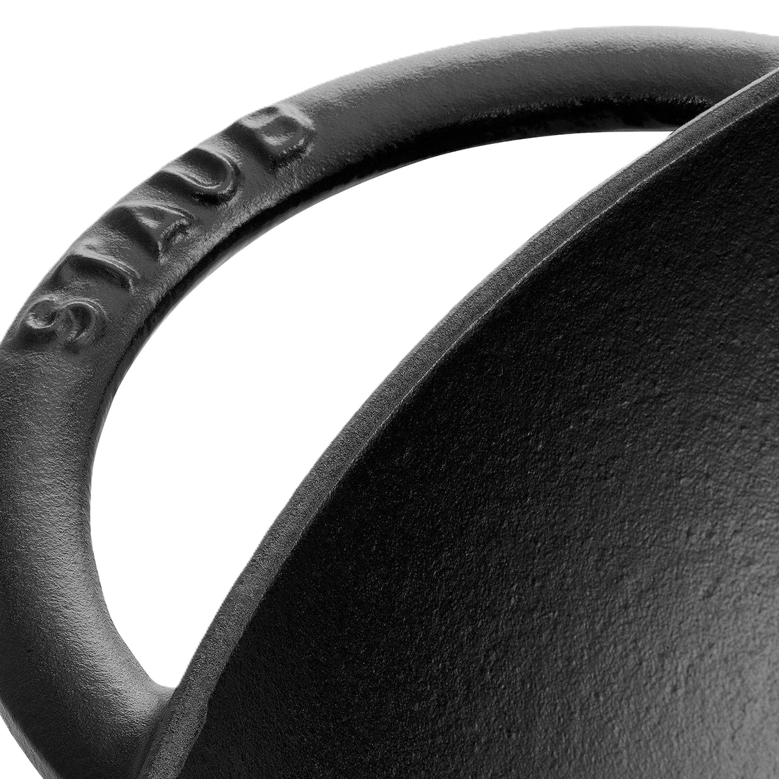 Close-up of a black Staub cookware handle on a white background