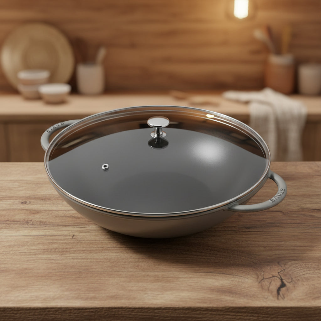 STAUB Specialities 37 cm / 14.5 inch Cast Iron Wok With Glass Lid, Graphite-Grey