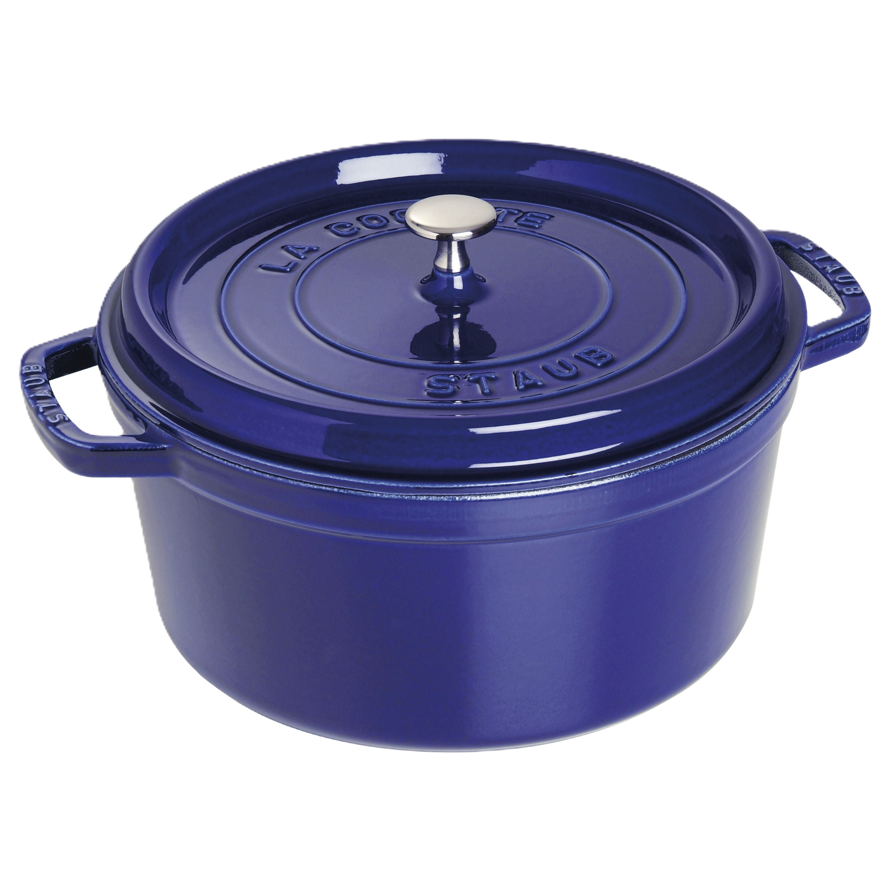 Dark Blue Staub cocotte with a lid on a white background