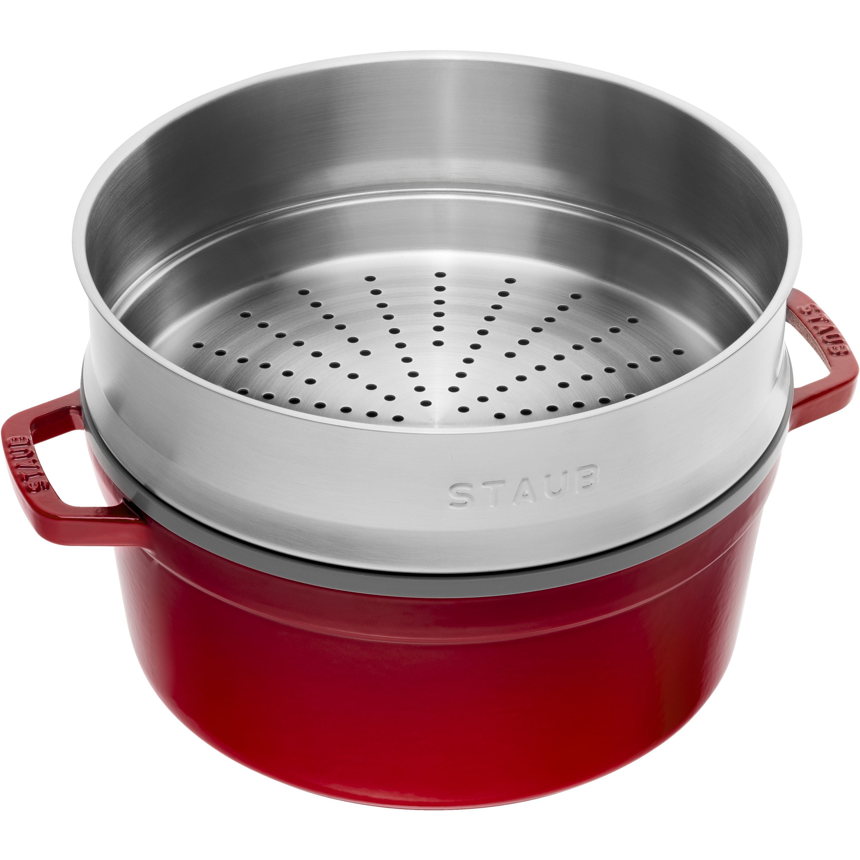 STAUB La Cocotte 5.25 L Cast Iron Round Cocotte With Steamer, Cherry