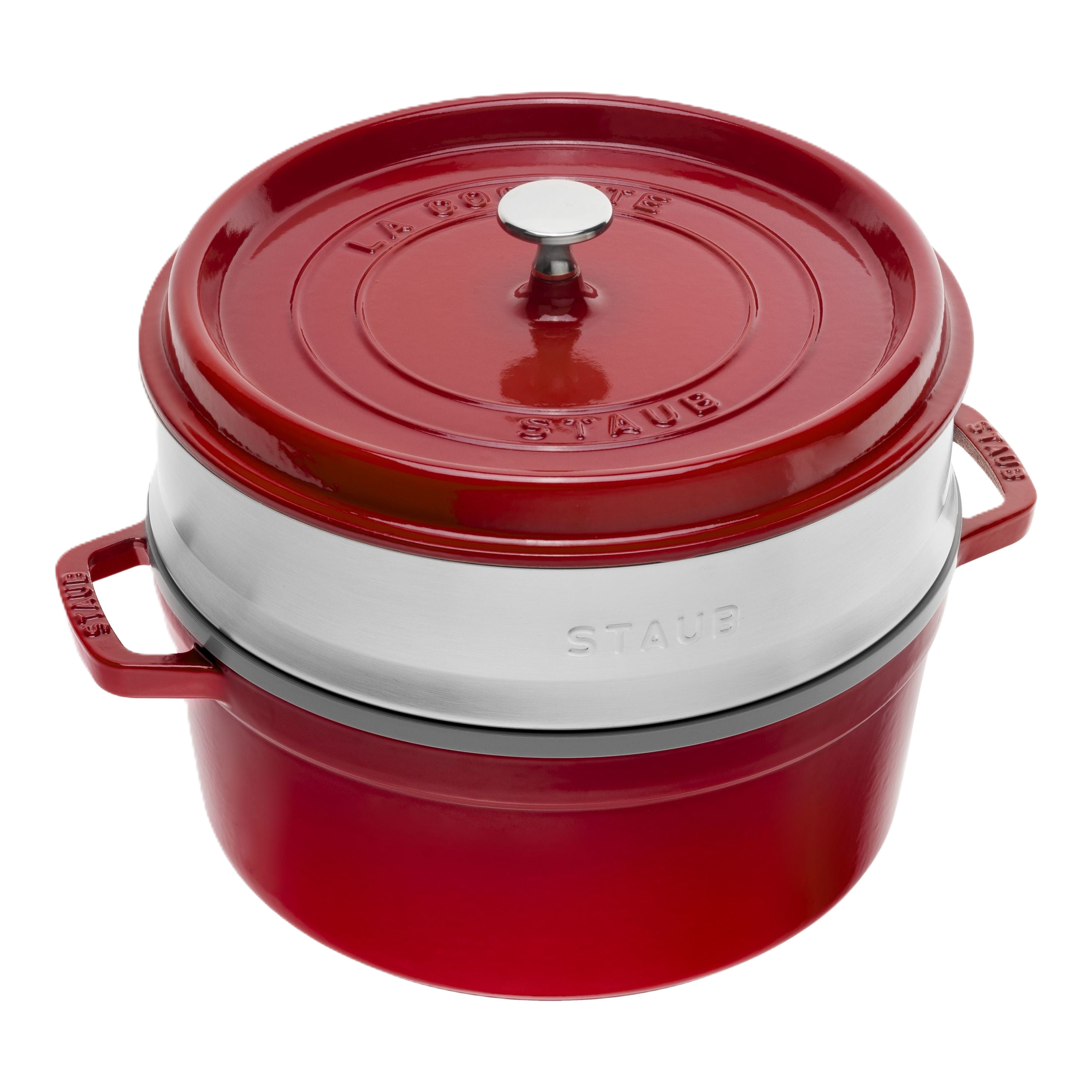 STAUB La Cocotte 5.25 L Cast Iron Round Cocotte With Steamer, Cherry