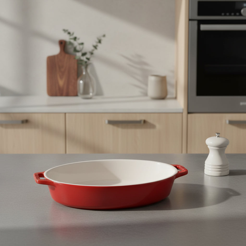 Red oval baking dish with white interior on a minimalist kitchen background grey counter top 
