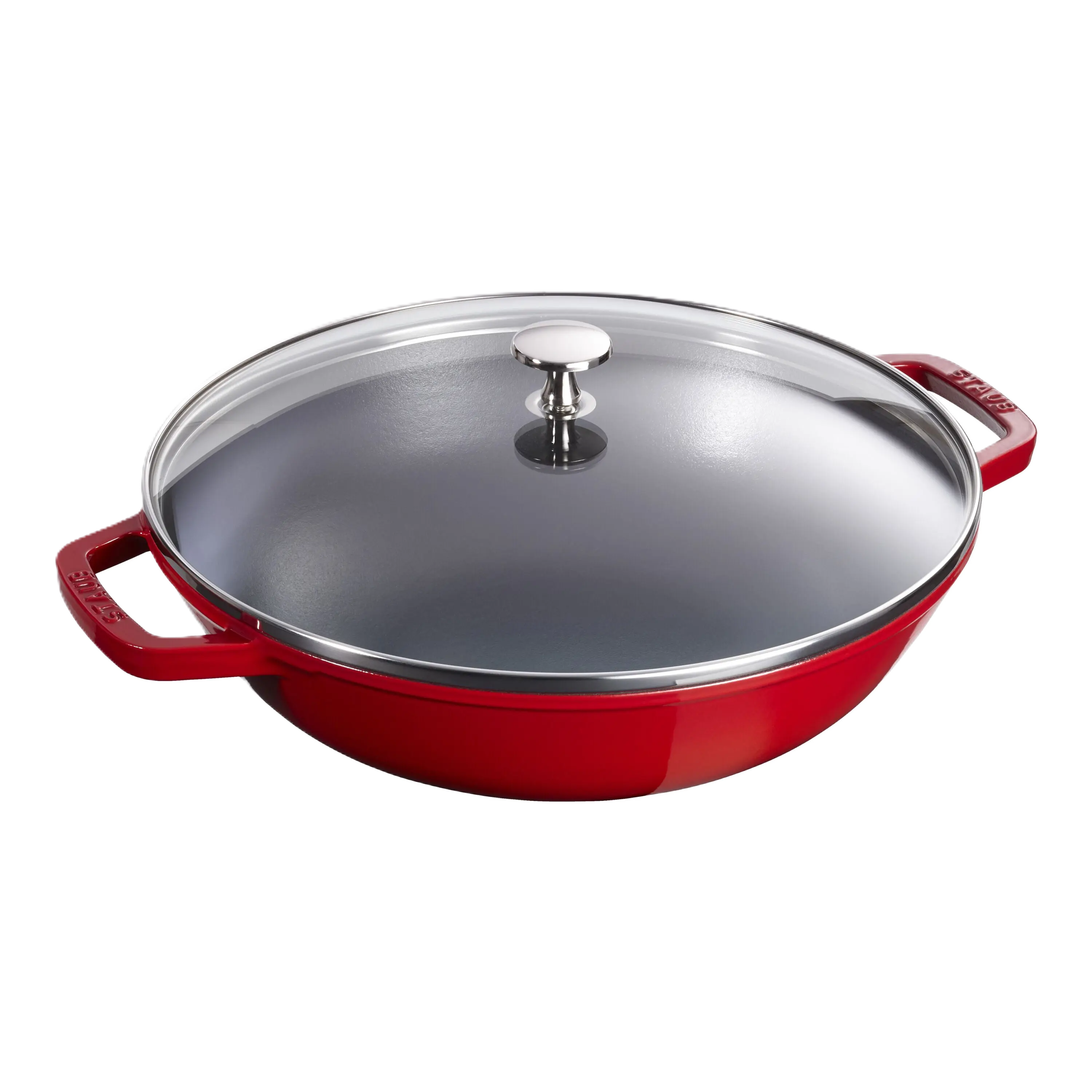 Cherry STAUB Specialities Cast Iron Wok with glass lid, perfect for versatile cooking like stir-frying and deep-frying.