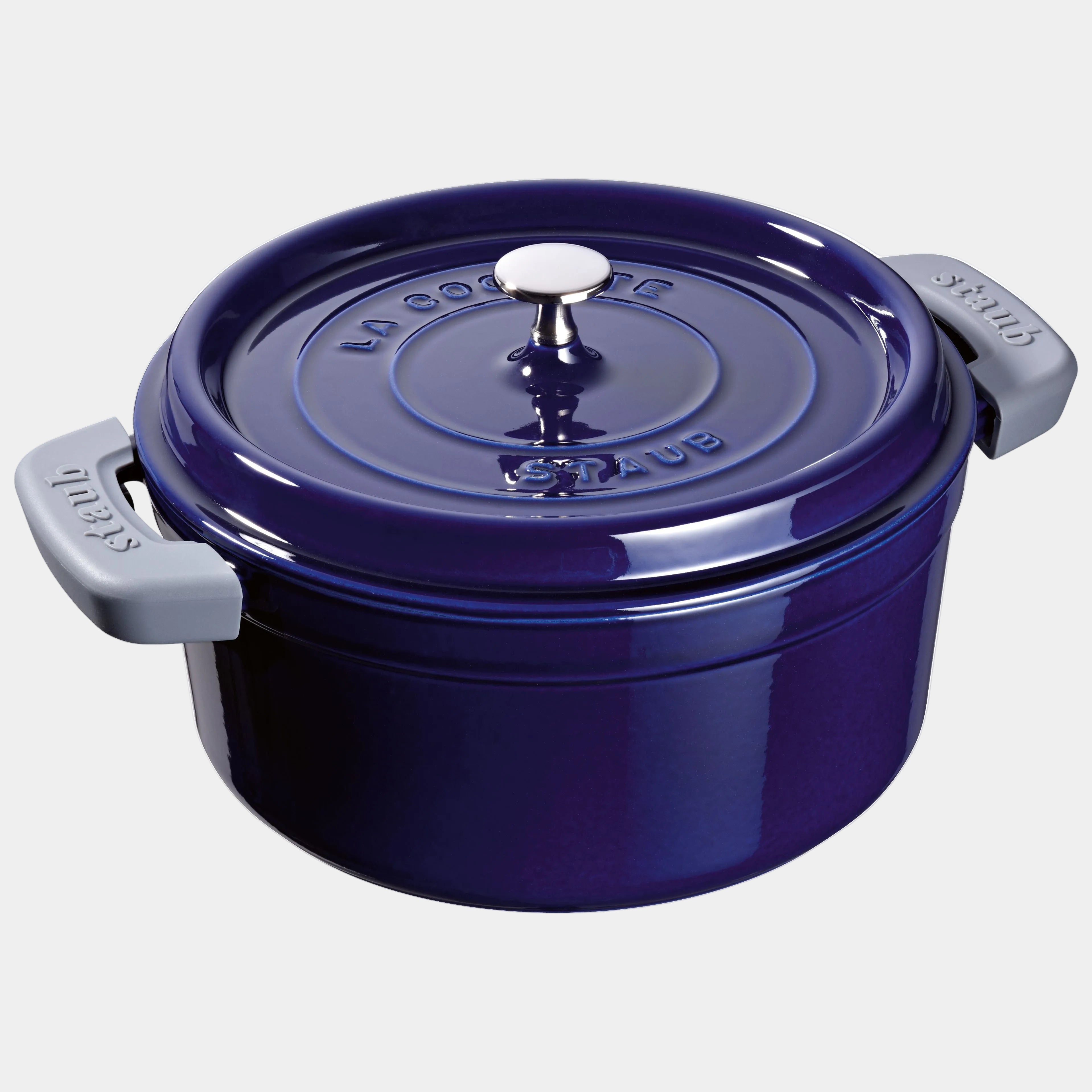 Staub Silicone Handles on blue cocotte, heat-resistant up to 200°C, easily attached and removable, dishwasher safe.