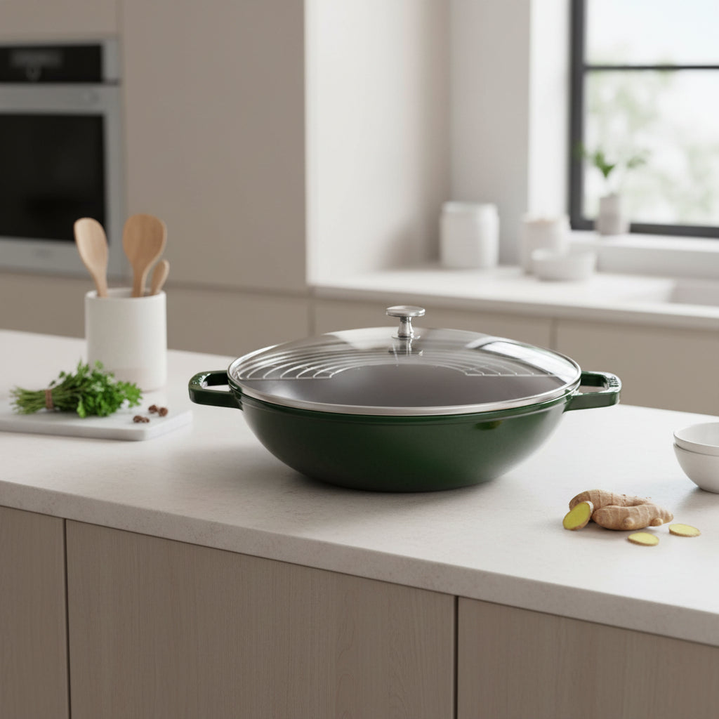 Green wok on a kitchen counter with ginger and other ingredients