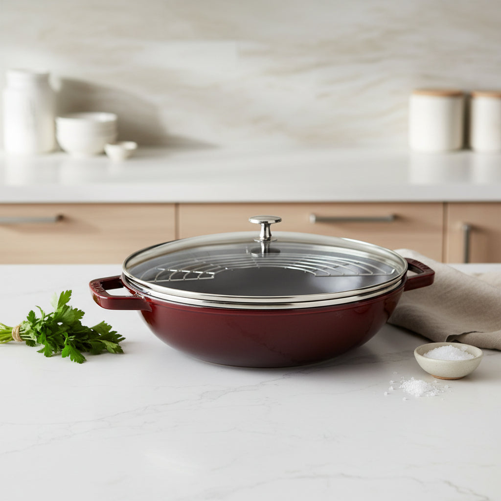 Red wok with a lid on a kitchen counter
