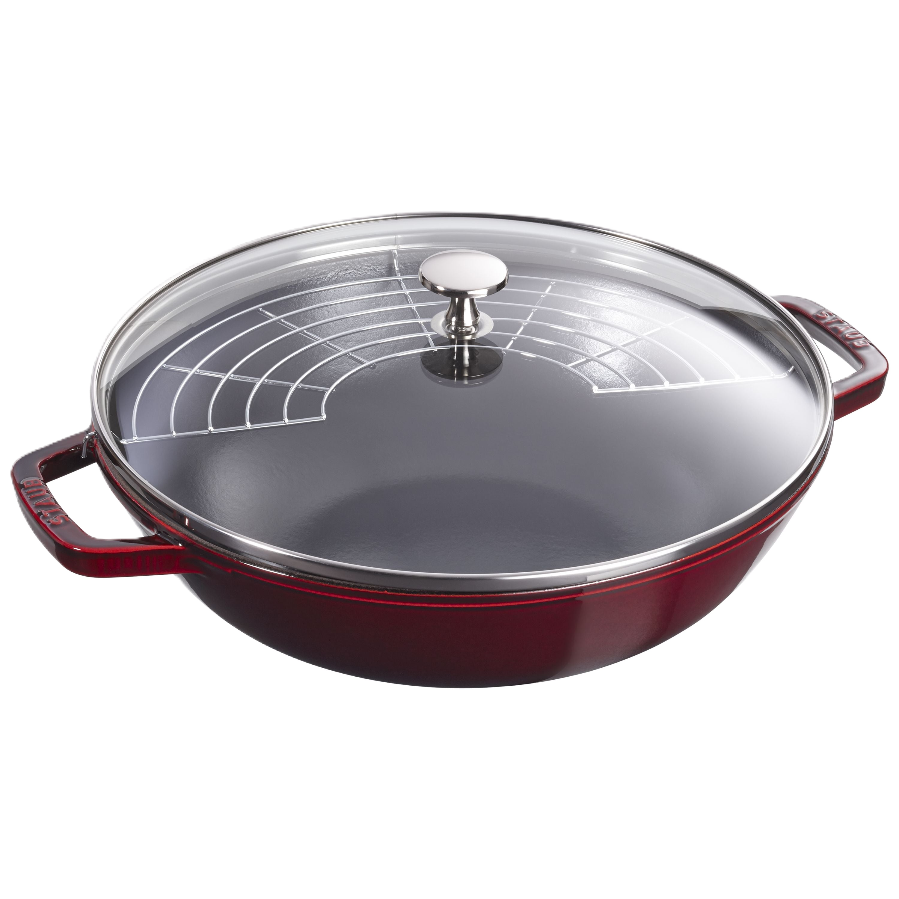Red cookware with a glass lid on a white background