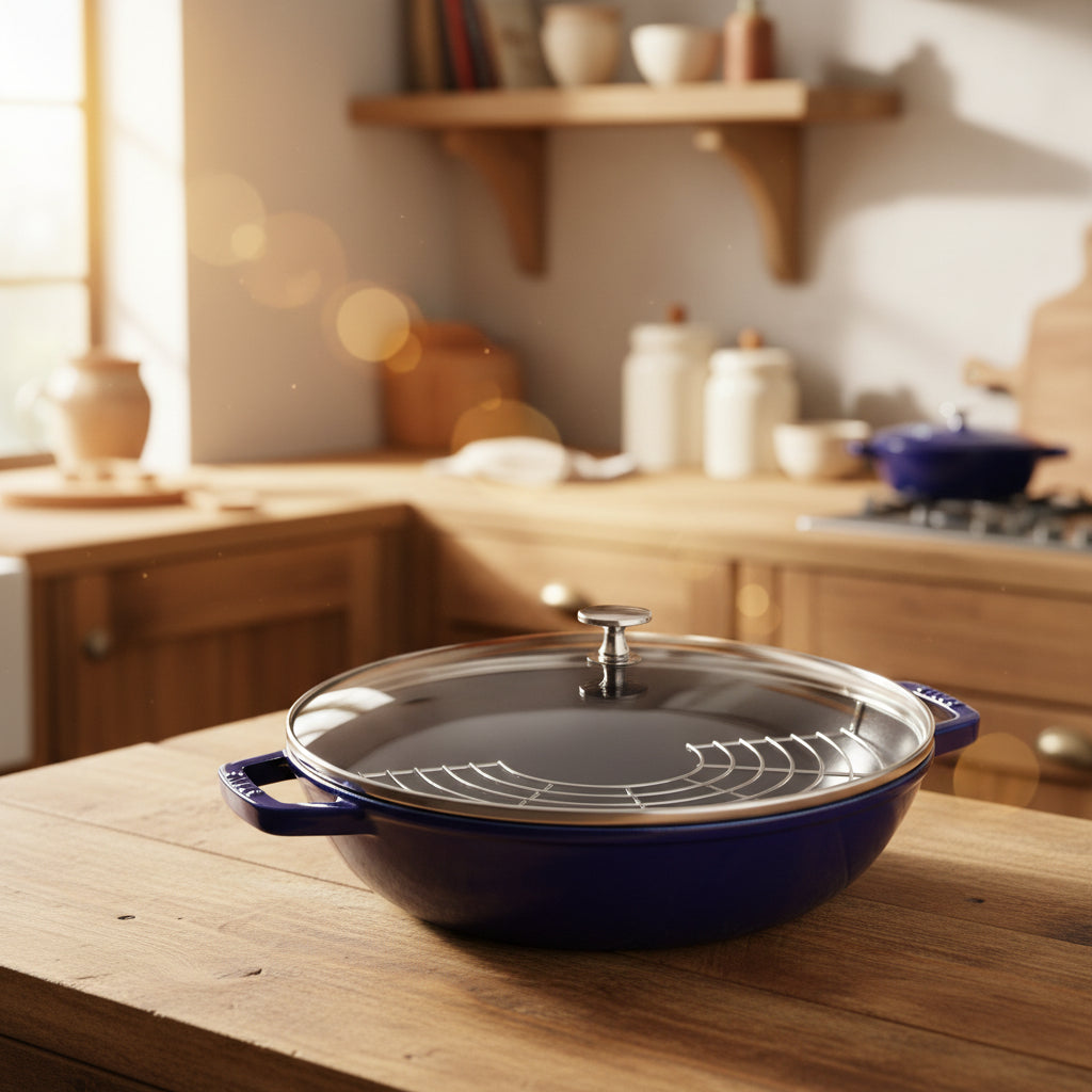 Blue enameled cast iron skillet with lid on a wooden kitchen counter