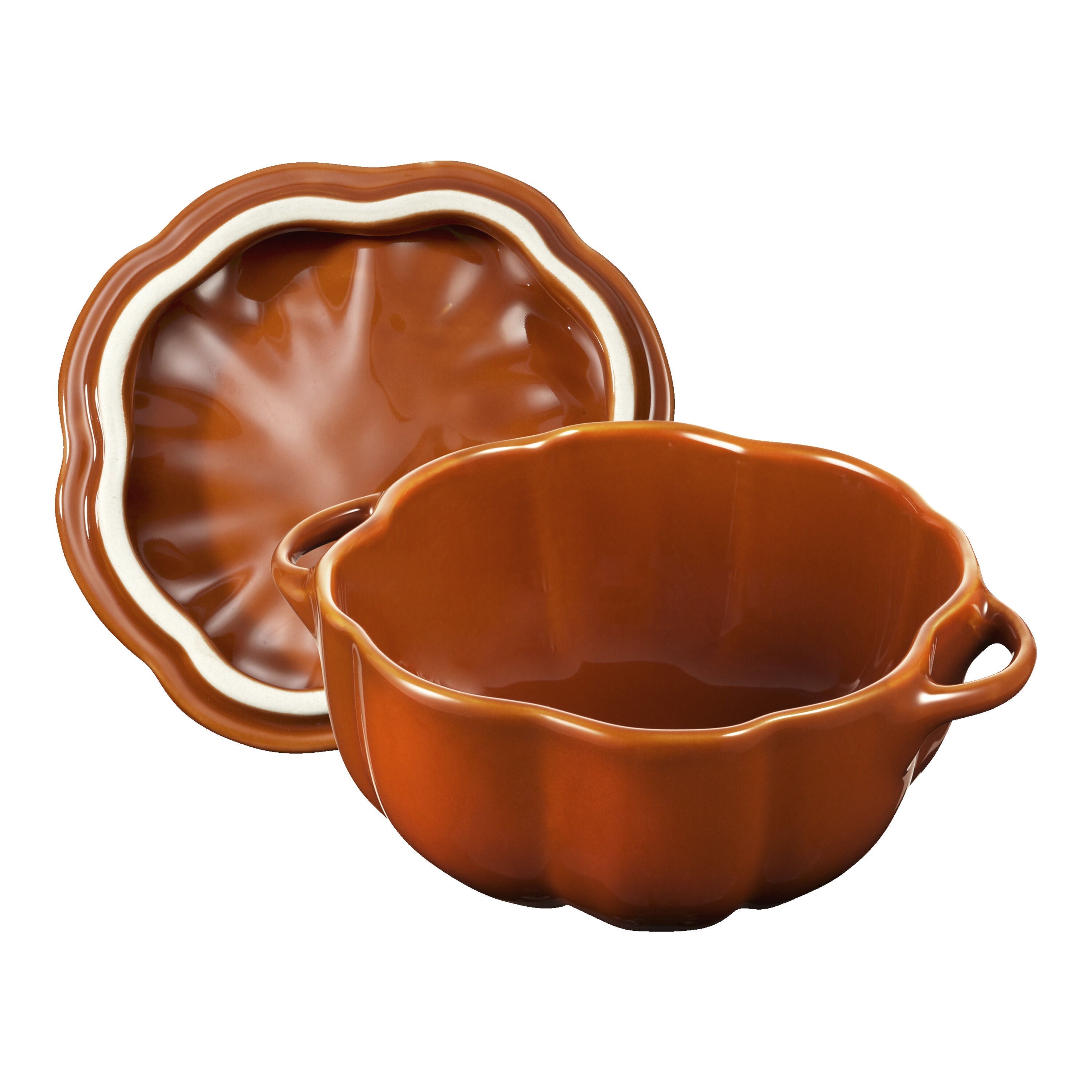 STAUB Ceramique Ceramic Pumpkin Cocotte 500 mL in cinnamon color, showcasing its elegant design and practical functionality.