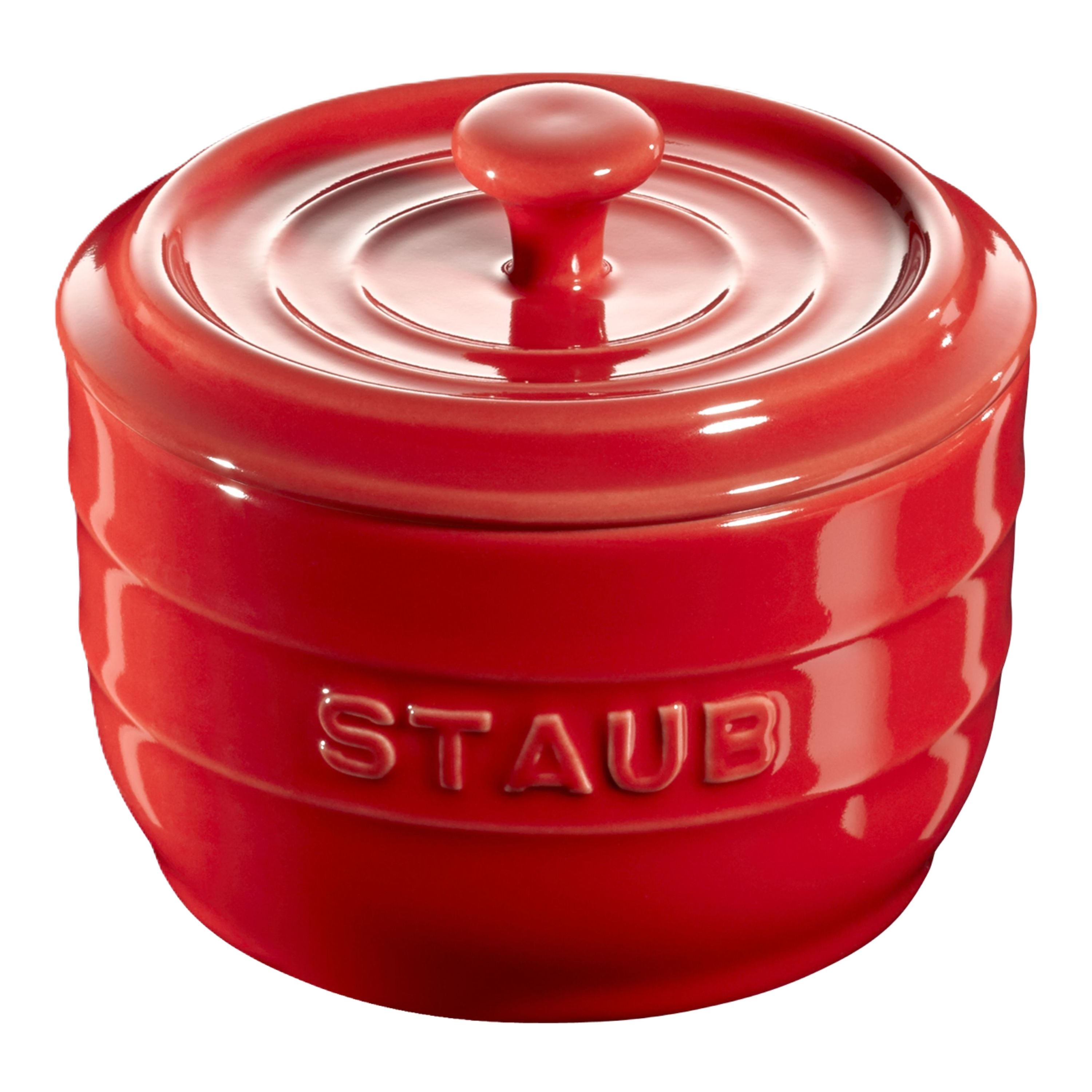 STAUB Ceramique Ceramic Salt Crock 8 cm in cherry color, perfect for keeping salt dry and clump-free in the kitchen.