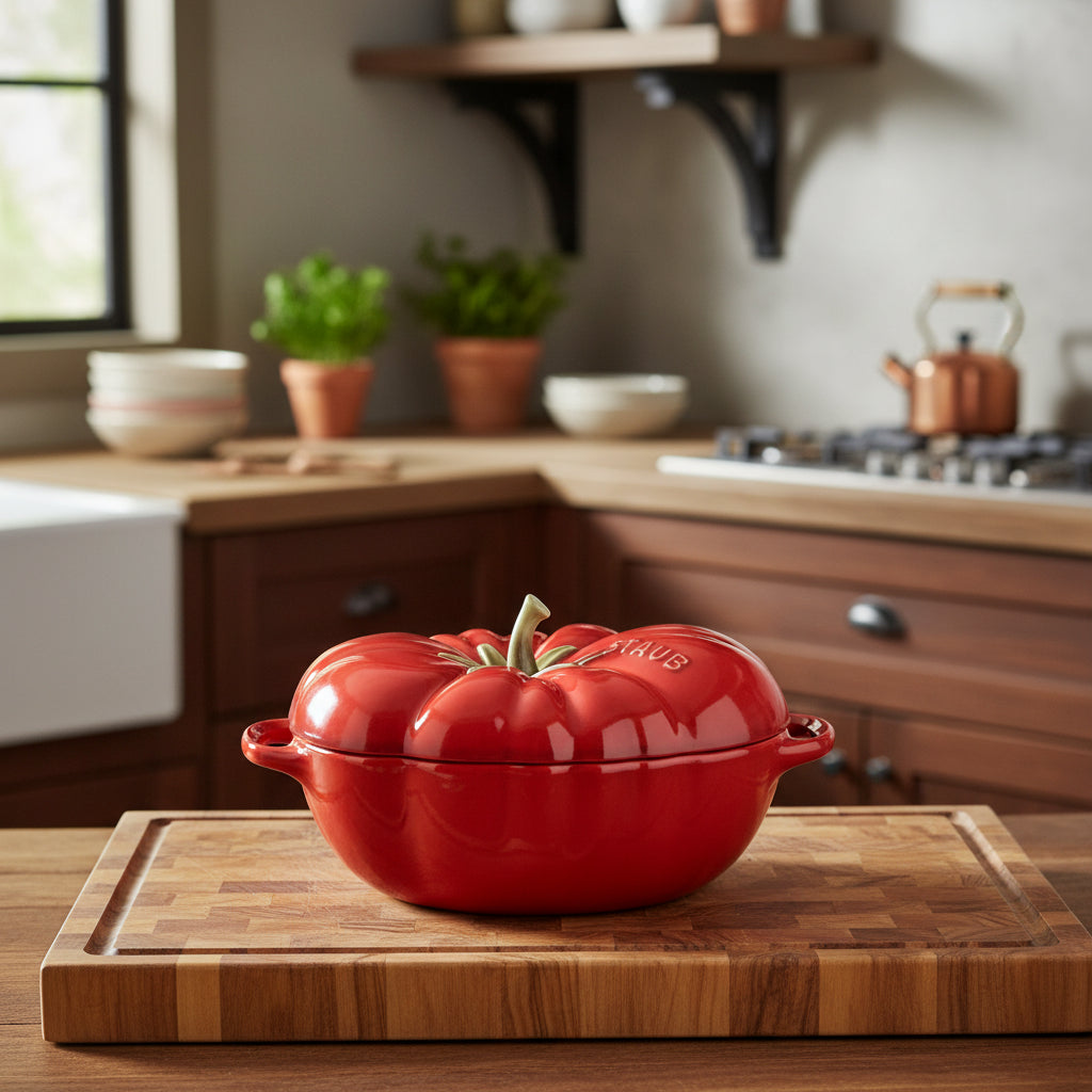 STAUB Ceramique Ceramic Tomato Cocotte 500 mL in red on a wooden cutting board in a kitchen setting.