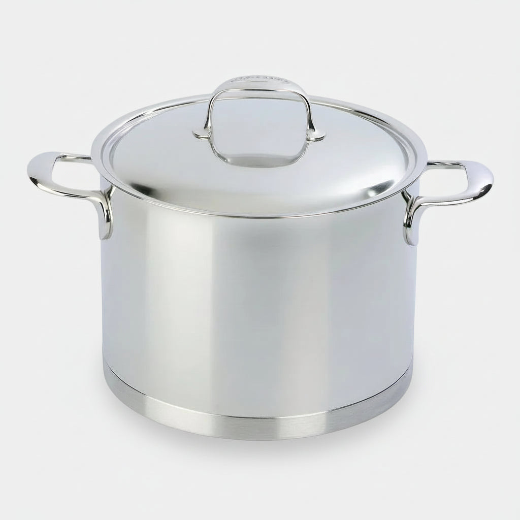 Stainless steel pot with lid on a white background