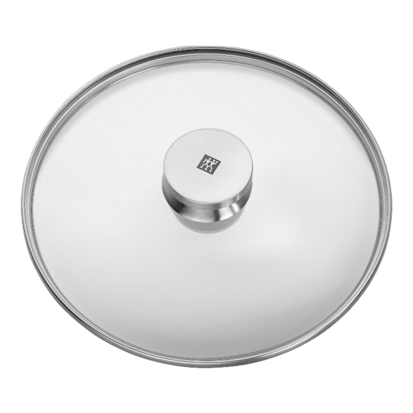 Glass lid with metal handle on a white background