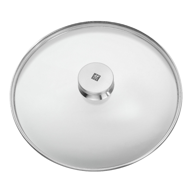 Glass lid with silver handle on a white background