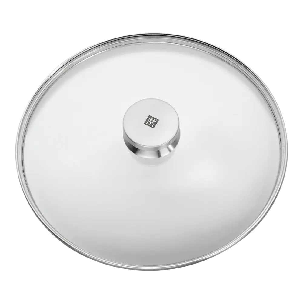 Glass lid with metal handle on a white background