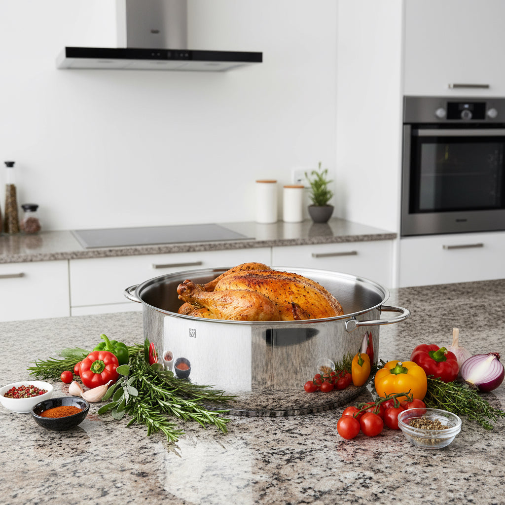 Roasted turkey in a pot on a kitchen counter with vegetables and herbs.