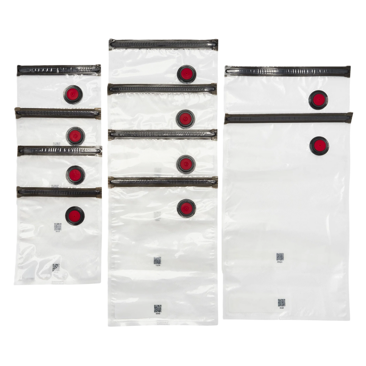 Three clear plastic pouches with black zipper closures and red circular accents, shown in different sizes on a white background.