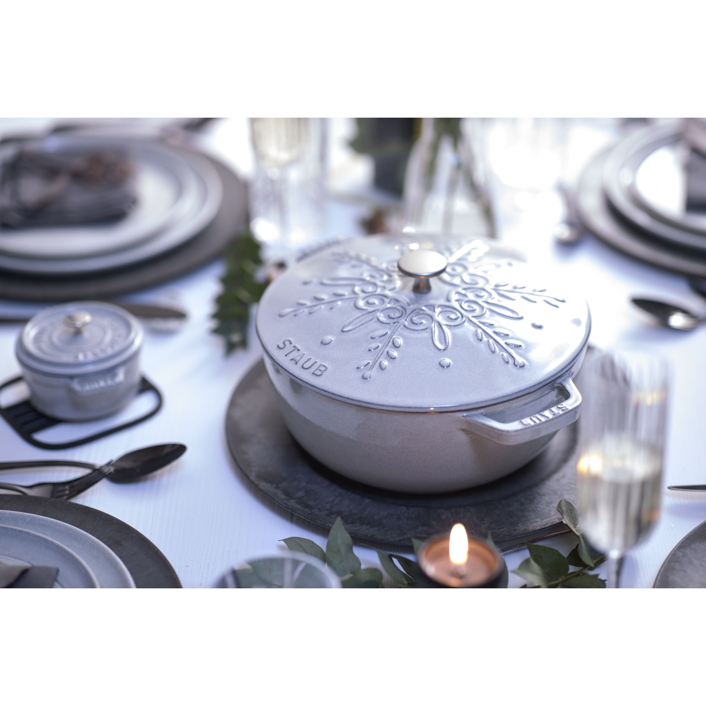 STAUB La Cocotte 3.6L Round French Oven – Snowflake White Truffle at an elegant dining table setting