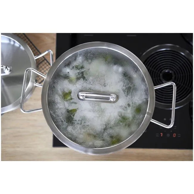 Stainless steel pot with a lid on a stove