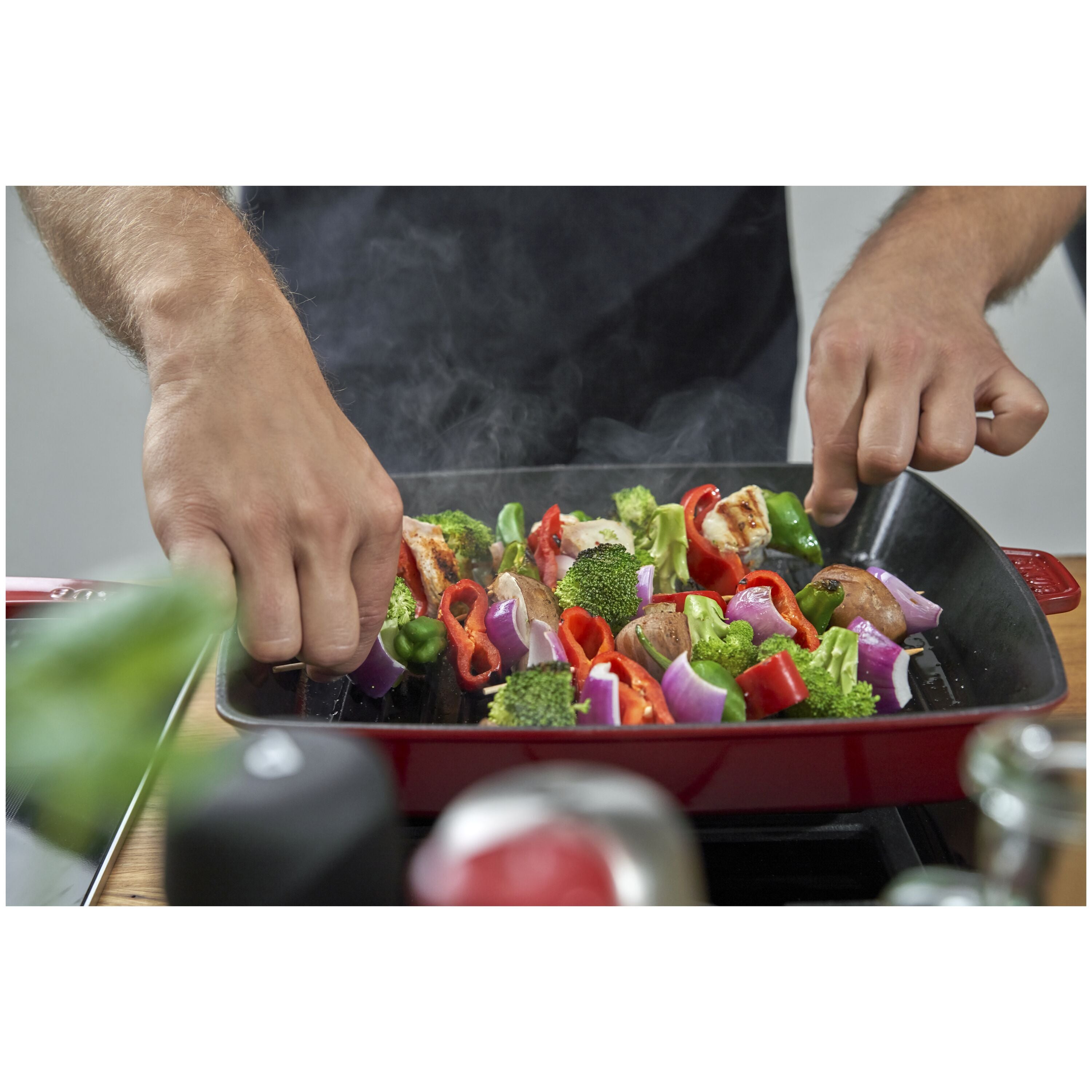 STAUB Grill Pans 30 cm Cast Iron Square American Grill, Cherry