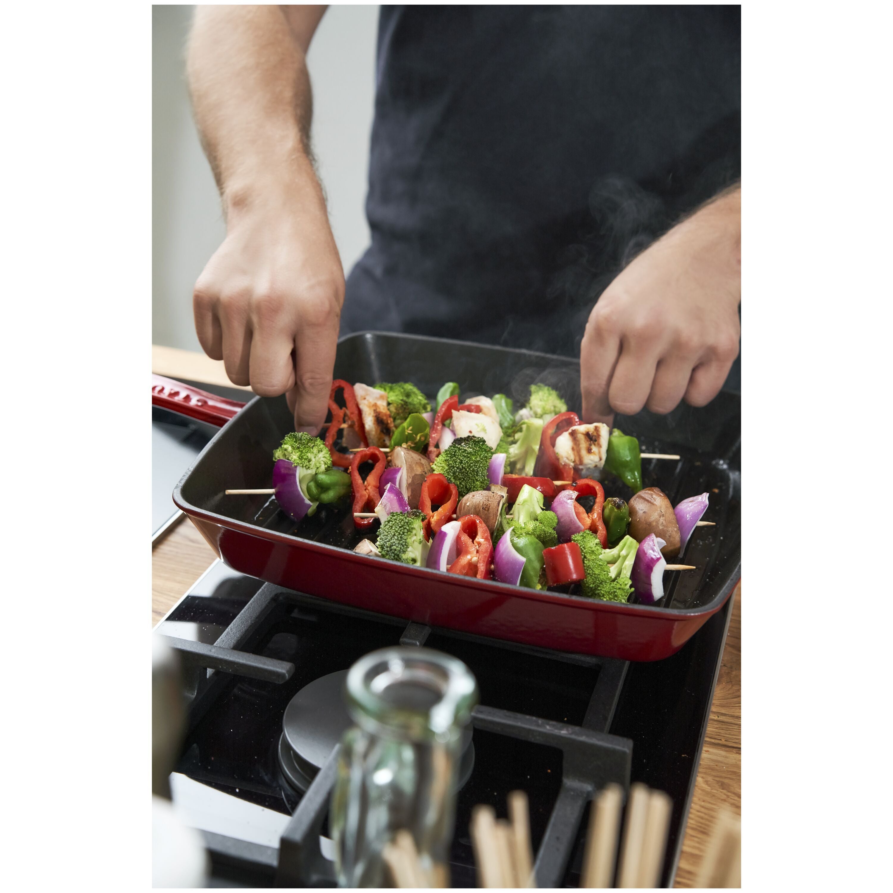 STAUB Grill Pans 30 cm Cast Iron Square American Grill, Cherry