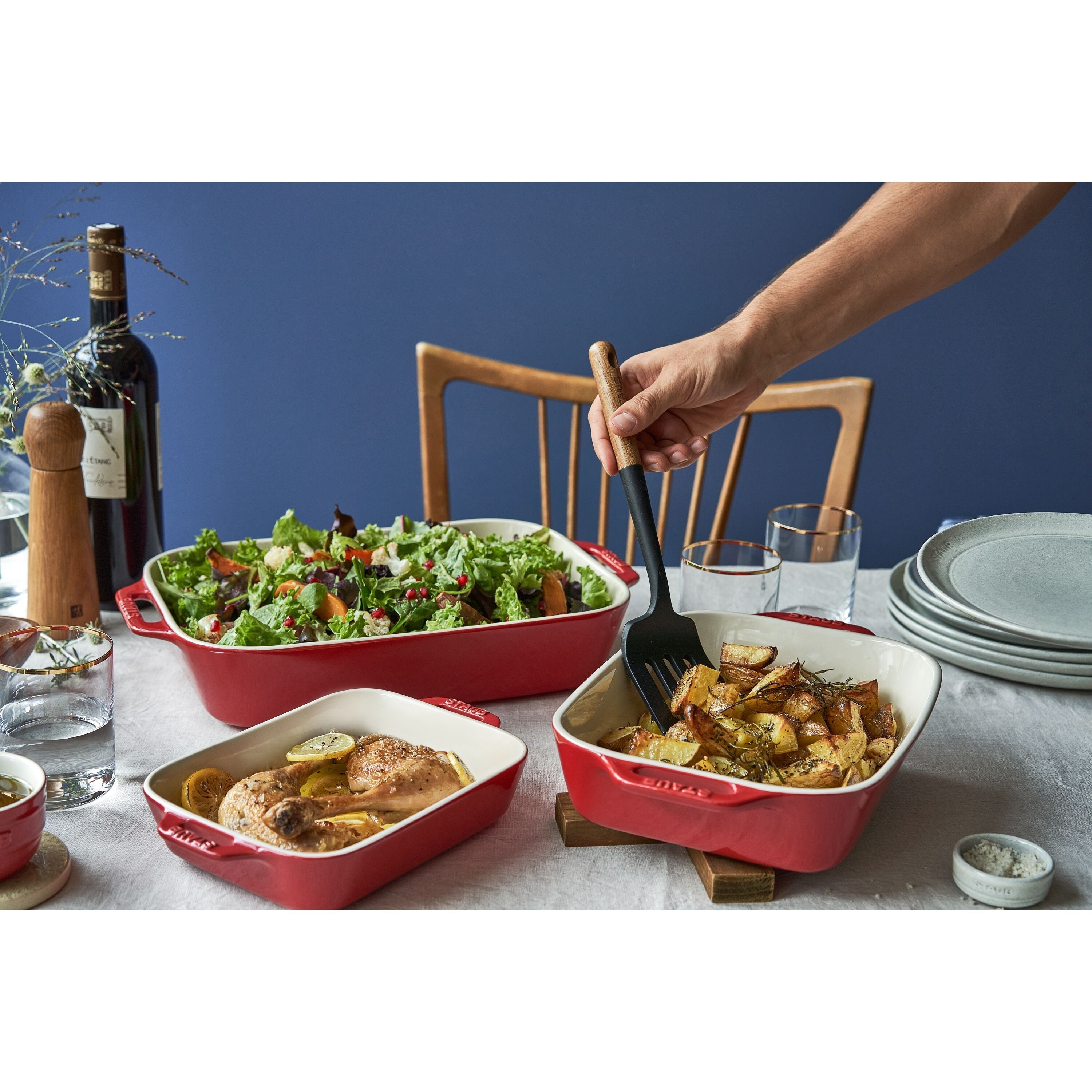 STAUB Ceramique Rectangular Baking Dish Set Cherry 3 Piece