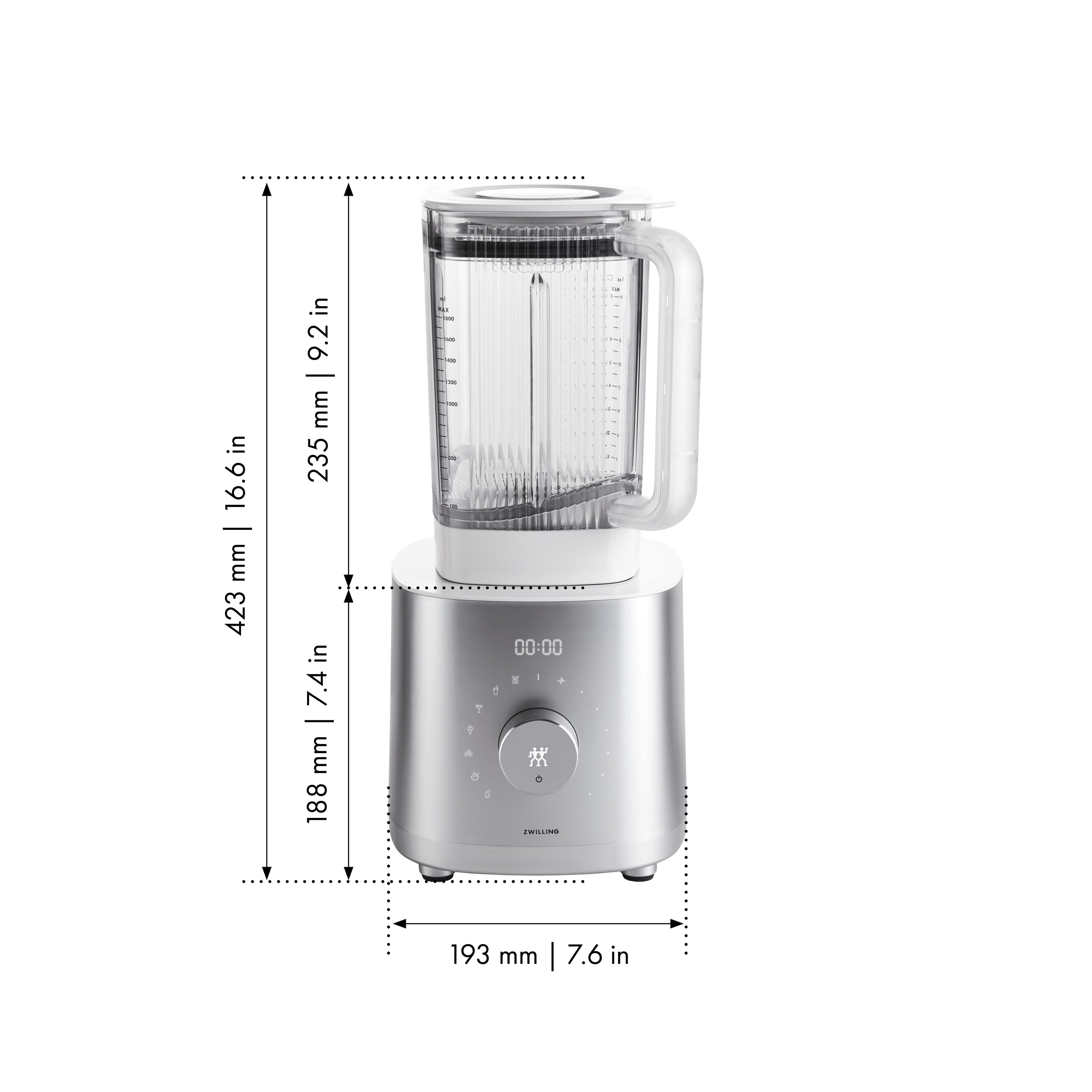 Blender with dimensions indicated on a white background