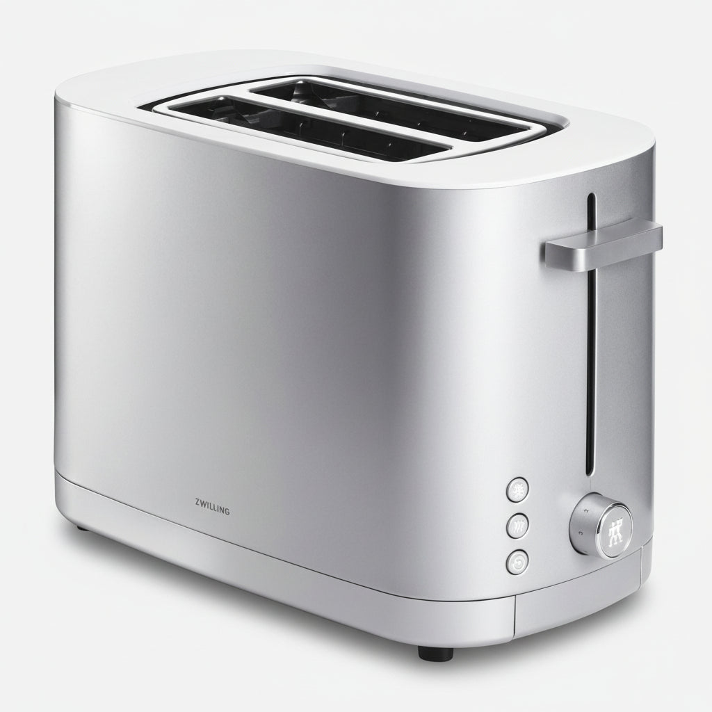 Silver toaster with brand logo on a white background