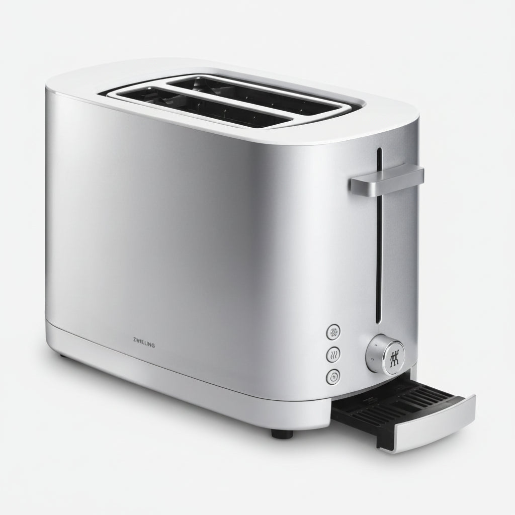Silver toaster with a white background