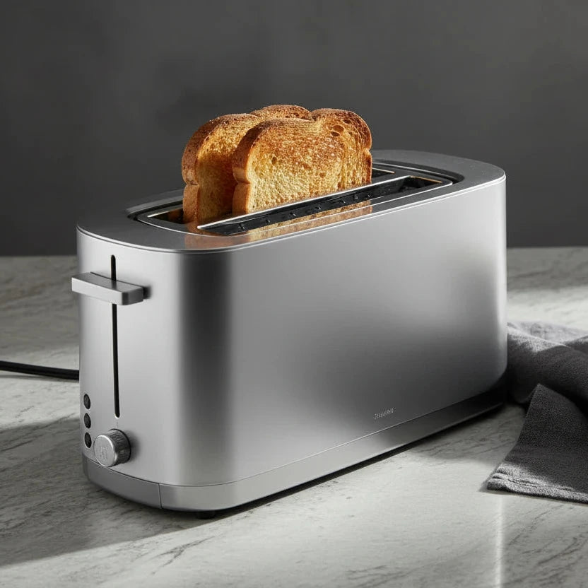 ZWILLING Enfinigy 2 Slice Toaster in stainless steel with toasted bread, showcasing modern design and precision engineering.
