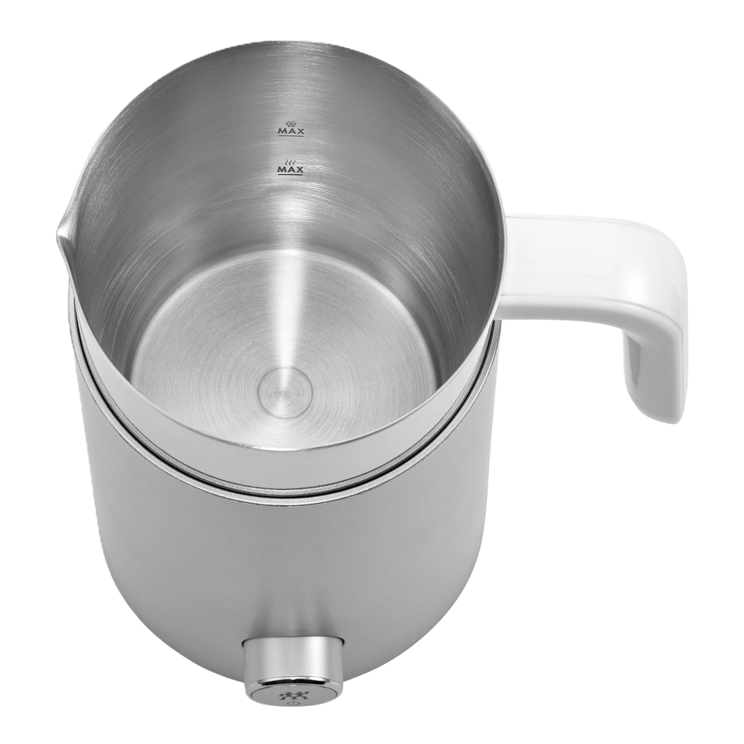 Stainless steel milk frothing pitcher on a white background upper view