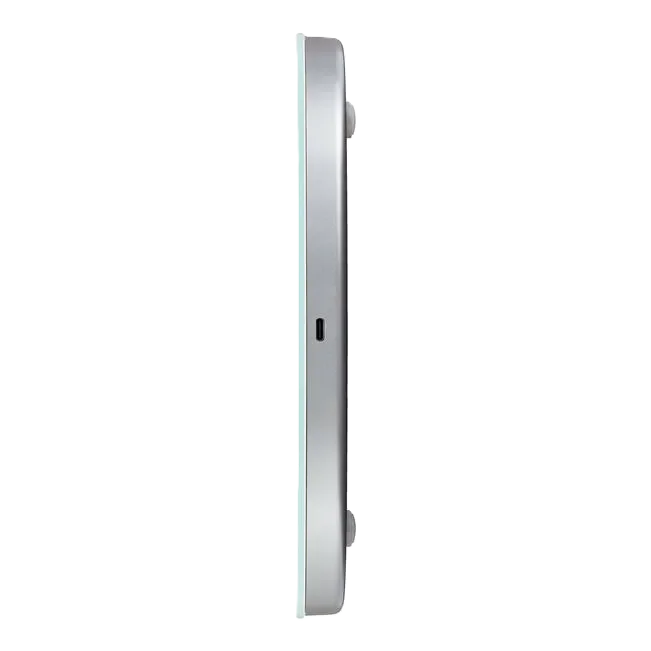 Side view of ZWILLING Enfinigy Kitchen Scale in silver, featuring slim design and wireless charging capability.